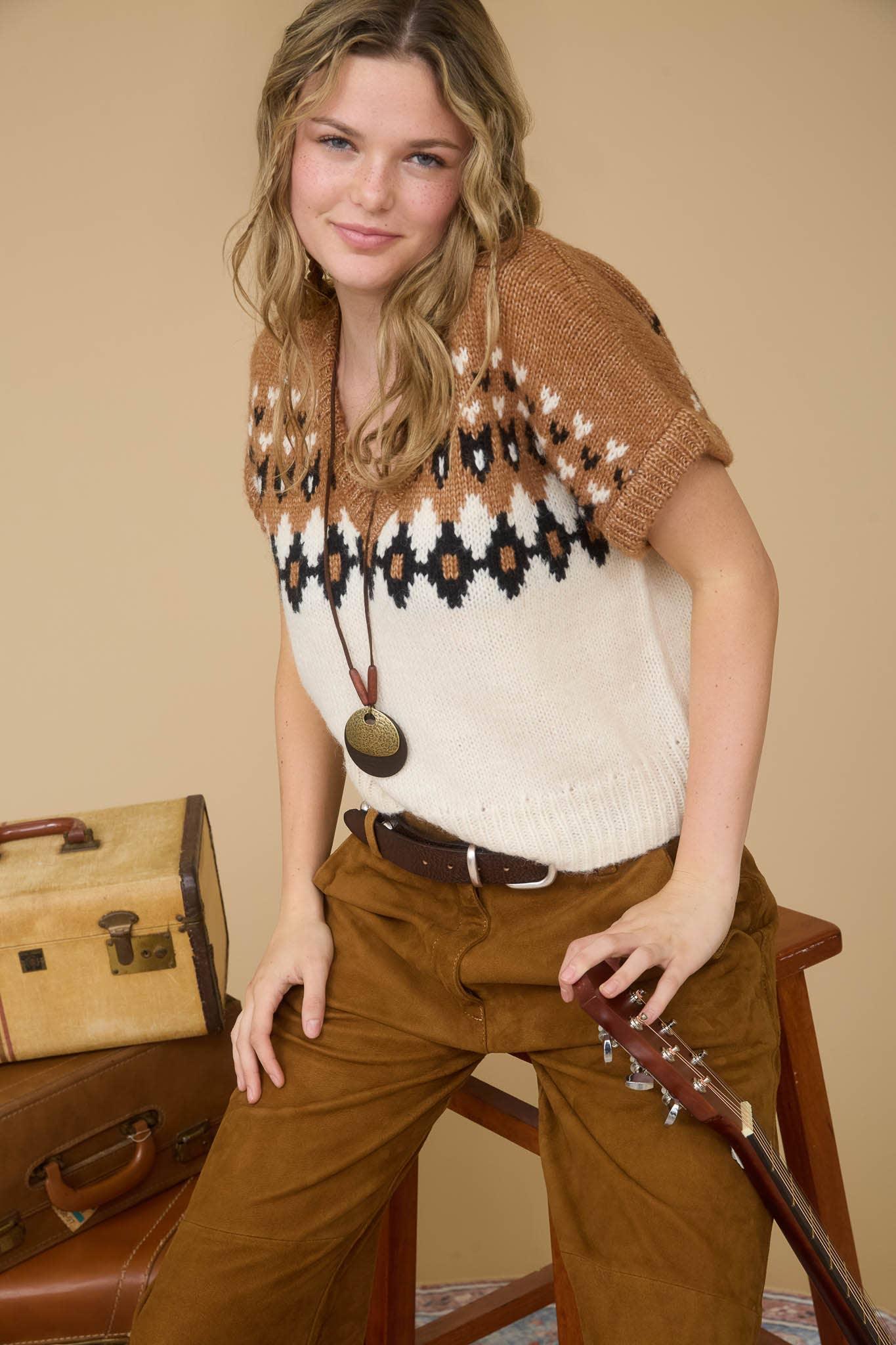 FAIR ISLE V NECK SHORT SLEEVE KNIT SWEATER - Southern Sassy Boutique