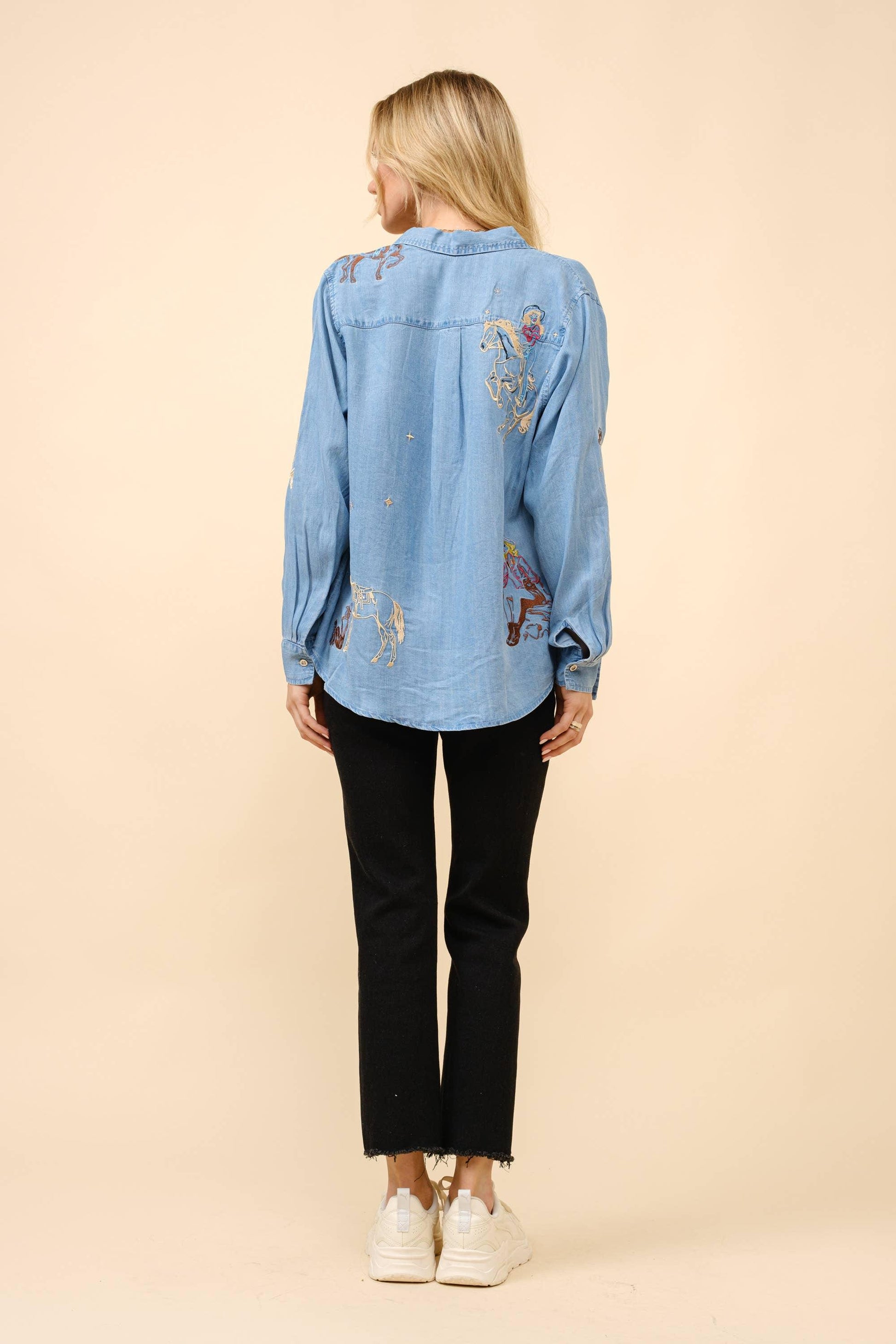Western Motif Embroidered Tencel Shirt - Southern Sassy Boutique