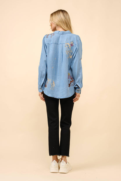 Western Motif Embroidered Tencel Shirt - Southern Sassy Boutique