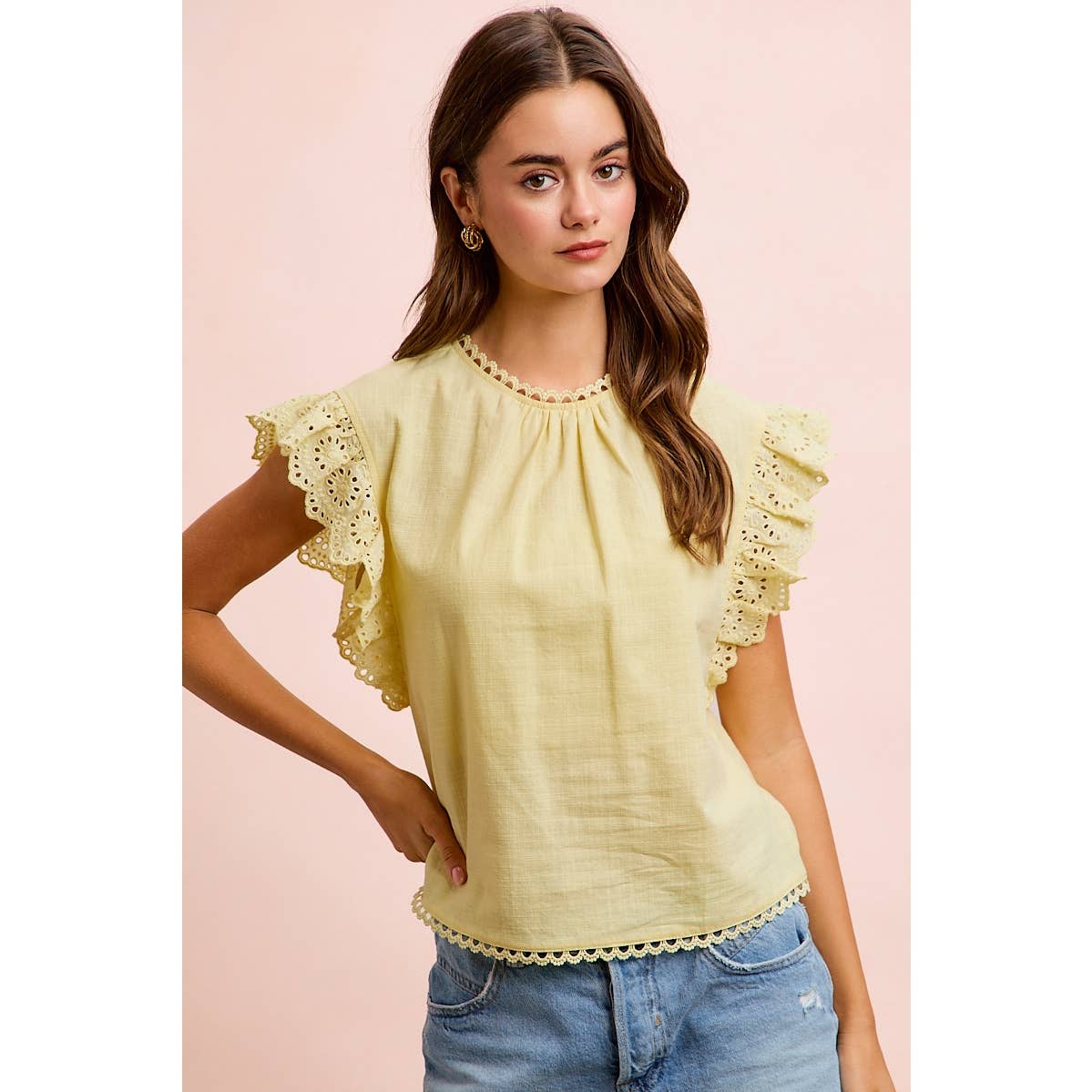 COTTON SOLID RUFFLE SLEEVE LACE DETAIL BLOUSE TOP