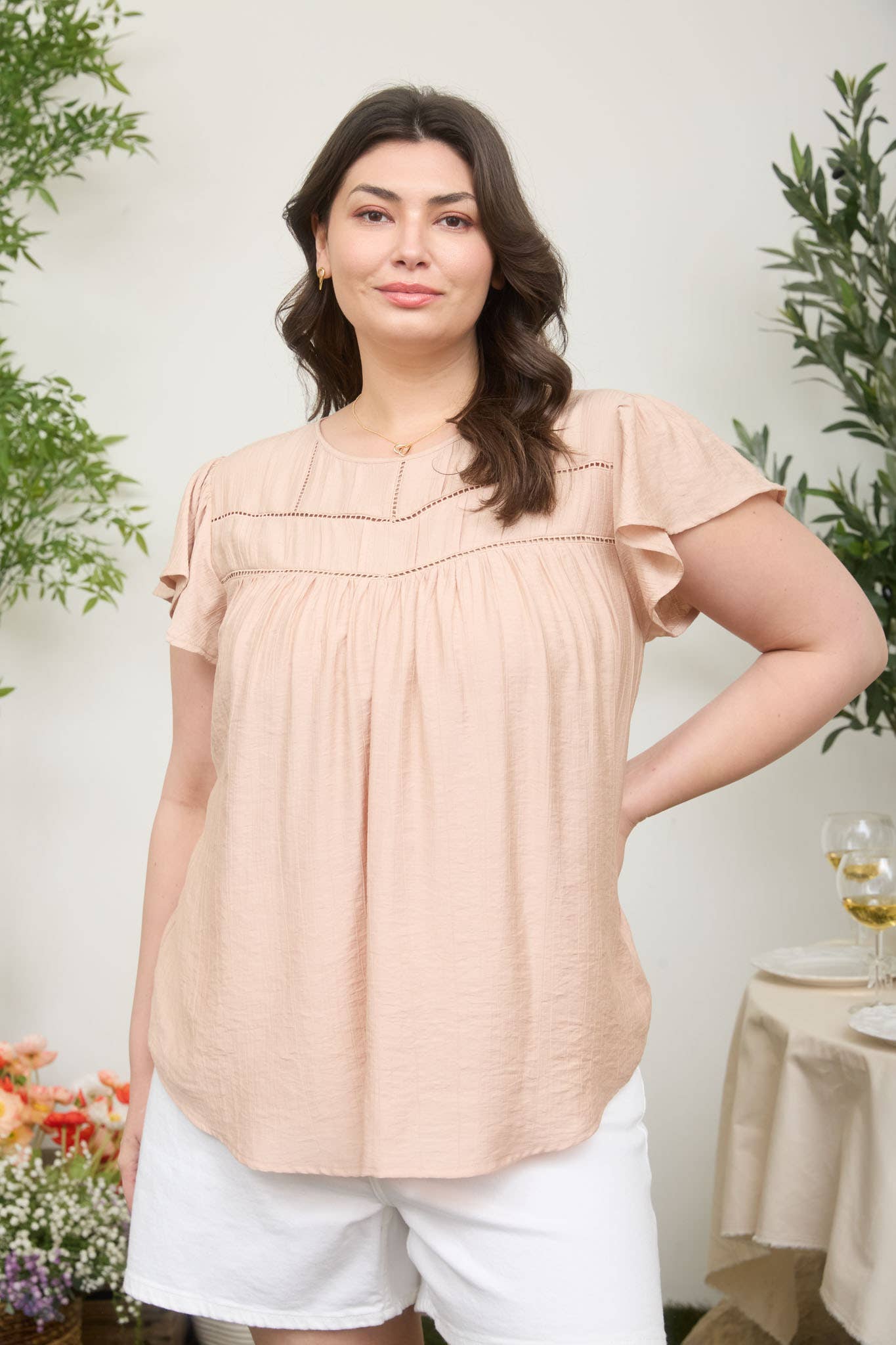 PLUS FRONT LADDER LINE LACE DETAIL FLOUNCE SLEEVE TOP