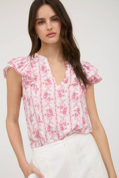 STRIPE FLORAL SPLIT NECK RUFFLE SLEEVE TOP - Southern Sassy Boutique