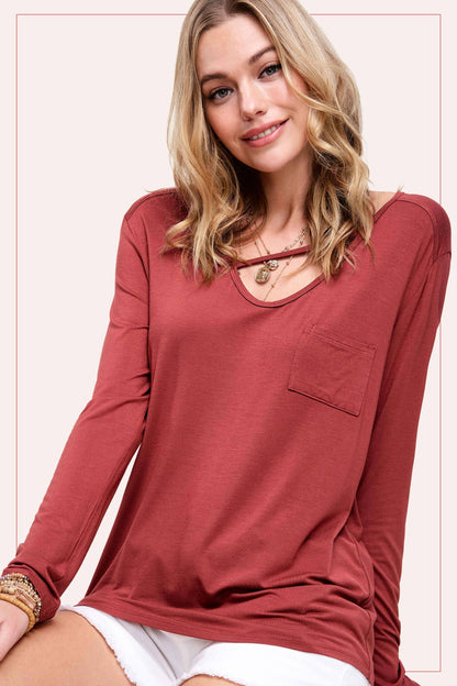 Super Stretchy Cutout Front Pocket Long Sleeve Top - Southern Sassy Boutique