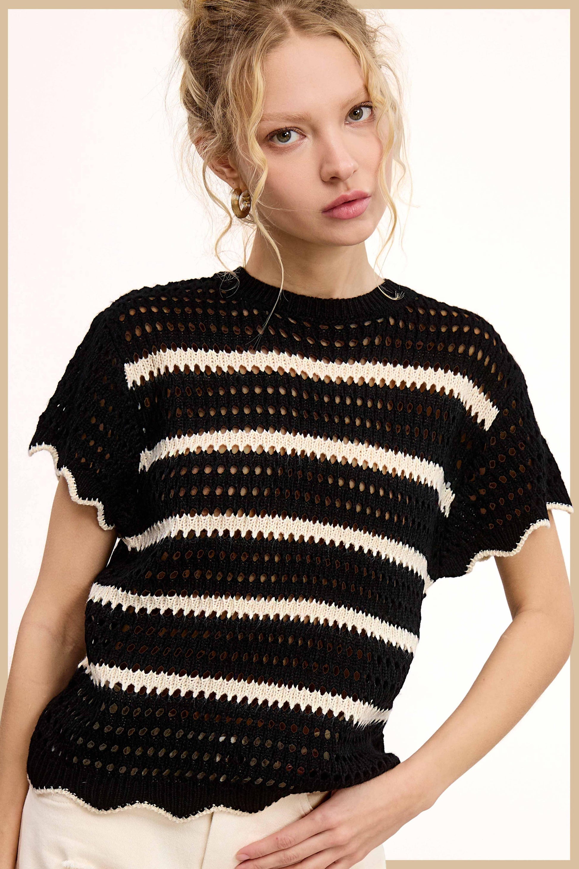 Round Neck Scalloped Edge Short Sleeve Sweater - Southern Sassy Boutique