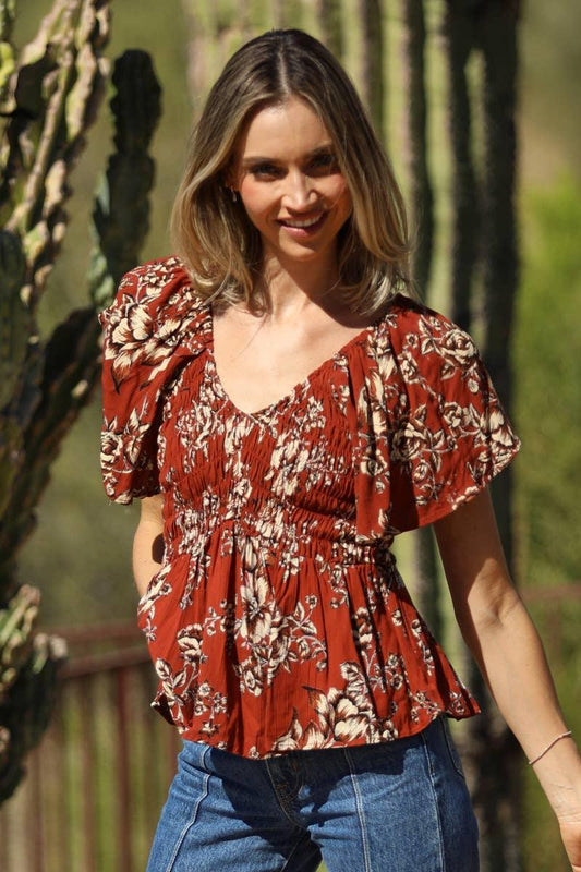V NECK SMOCKED BODICE FLORAL PRINT BLOUSE - Southern Sassy Boutique