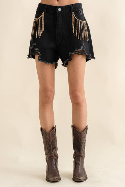 Distressed Frayed Detail Fringe Rhinestone Denim