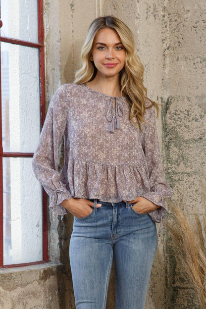 Chiffon Clip Dot Jacquard Peplum Tie Front Blouse - Southern Sassy Boutique