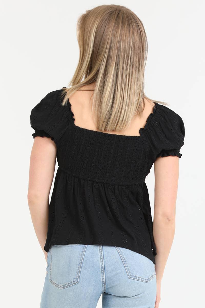EYELET EMBOIDERED PUFF SLEEVE HANKY HEM TOP - Southern Sassy Boutique