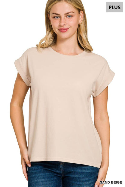 Plus Round Neck Folded Short Sleeve T Shirt