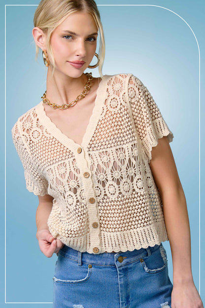 Open Knit Scallop Edge Button Down Cardigan