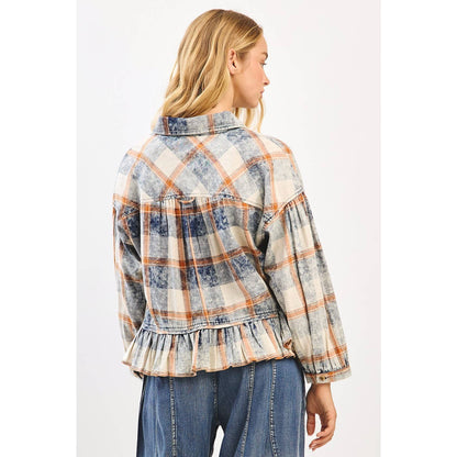 Washed Plaid Ruffle Hem Balloon Sleeve Shirt