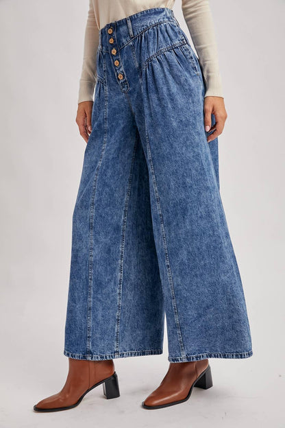 DENIM PLEATED RETRO HIGH-RISE WIDE LEG JEANS - Southern Sassy Boutique