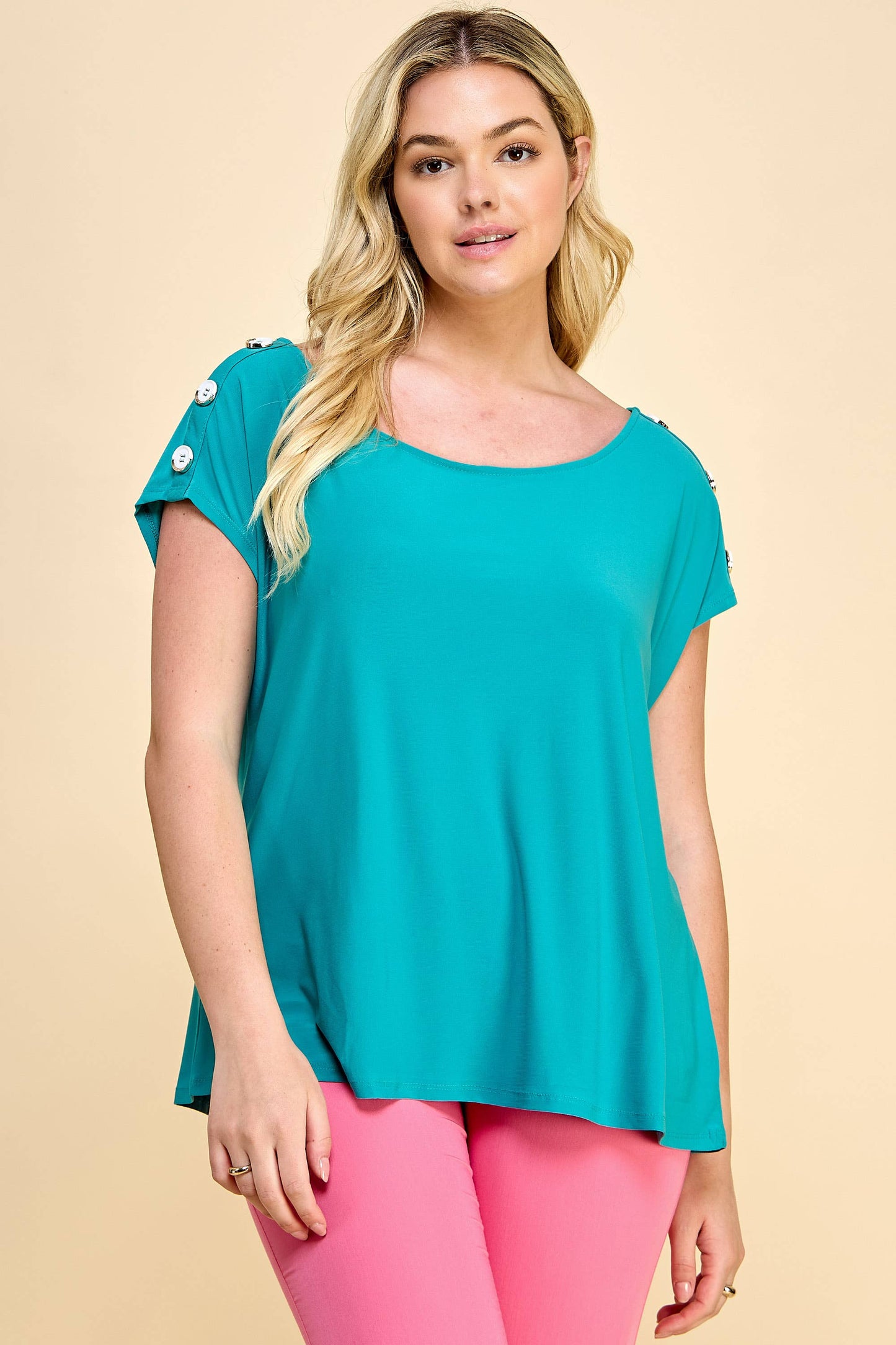 Curvy Short Sleeve Top with Shoulder Buttons