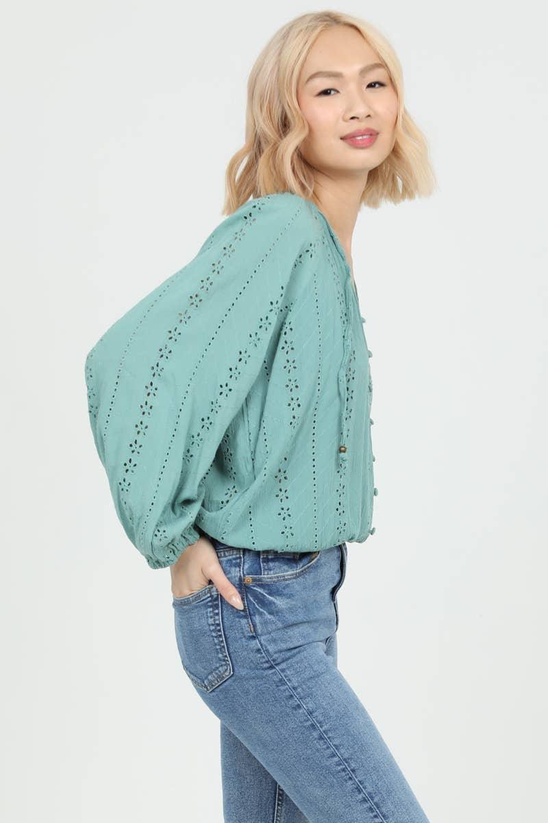 EYELET EMBROIDERED BUTTON FRONT BLOUSE
