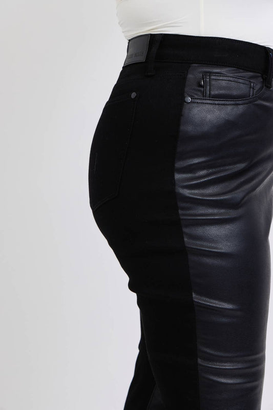 High Waisted Faux Leather & Denim Skinny