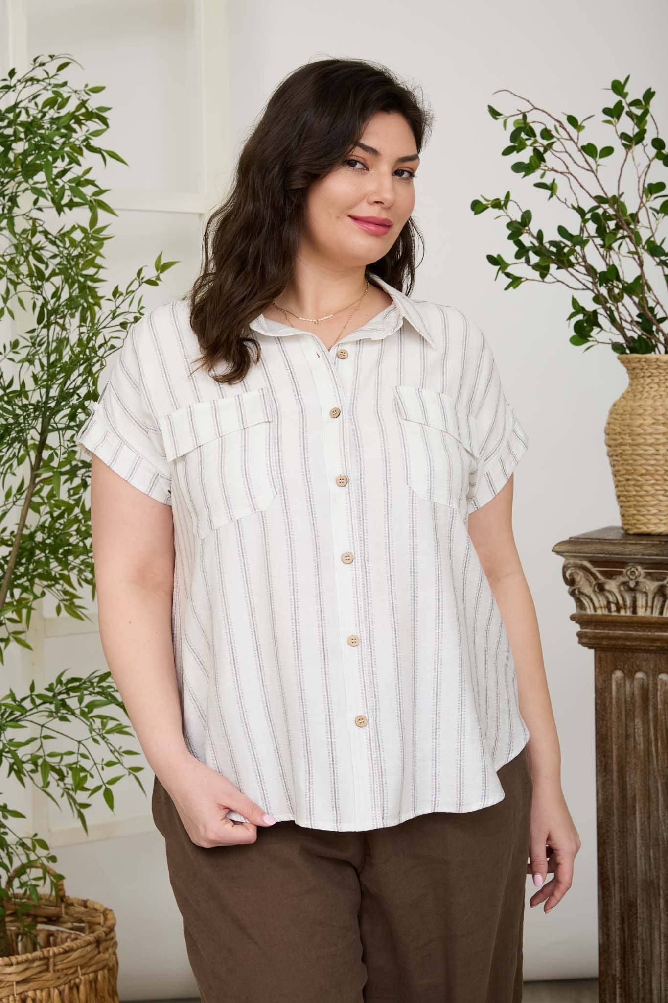PLUS STRIPE TAB DETAIL COLLARED BUTTON DOWN SHIRT