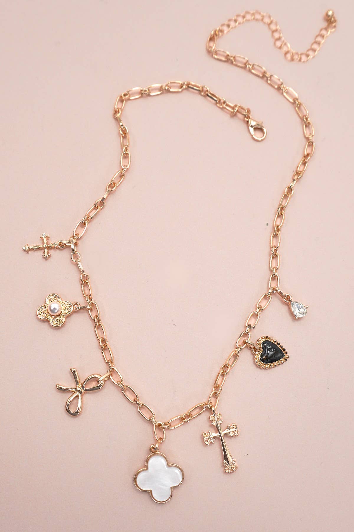 Charm Necklace with Bows & Cross
