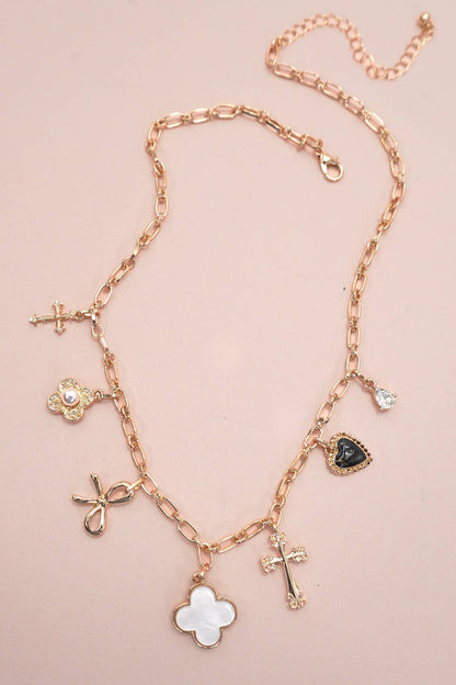 Charm Necklace with Bows & Cross