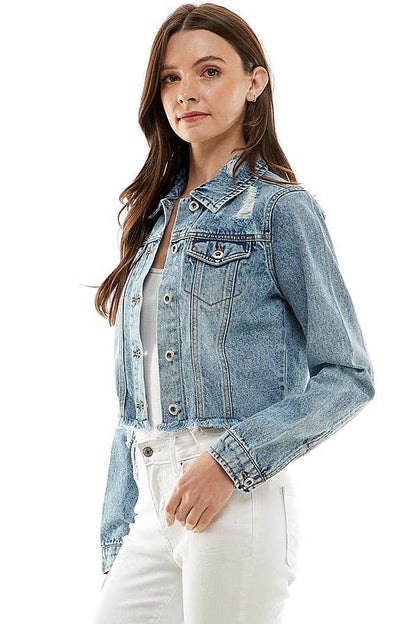Ladies Distressed Denim Jacket - Southern Sassy Boutique