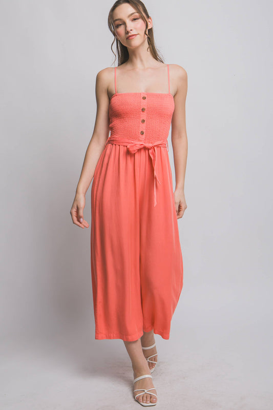 Tencel Wide Leg Jumpsuit with Front Tie and Buttons