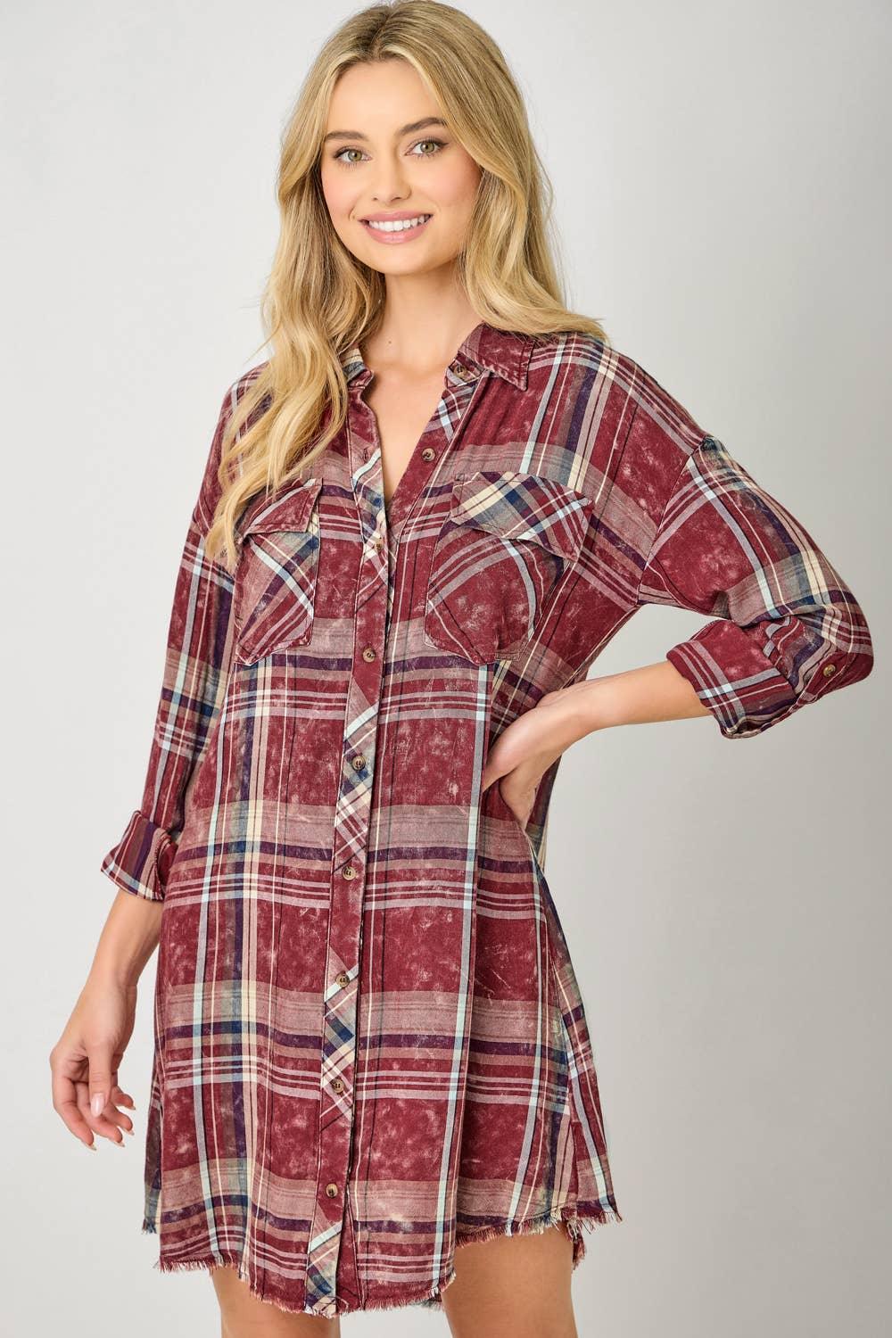 Washed Plaid Shirt Dress - Southern Sassy Boutique
