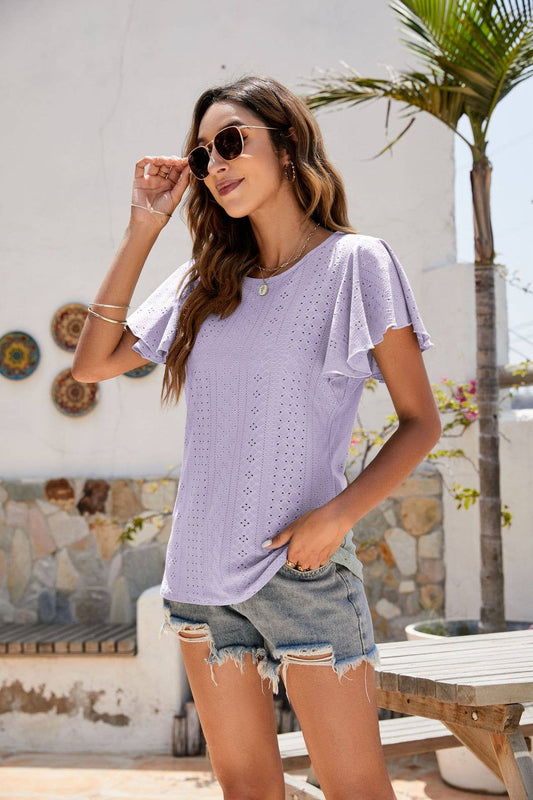 Pointelle Flutter Sleeve Knit Top