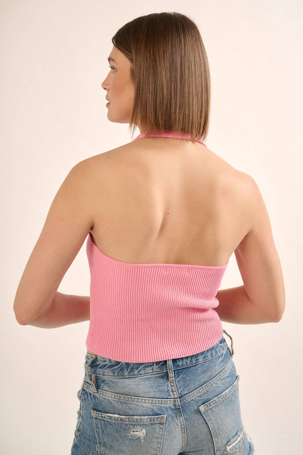 Shaper Fit Halter Rib Knit Open Back Tank Top