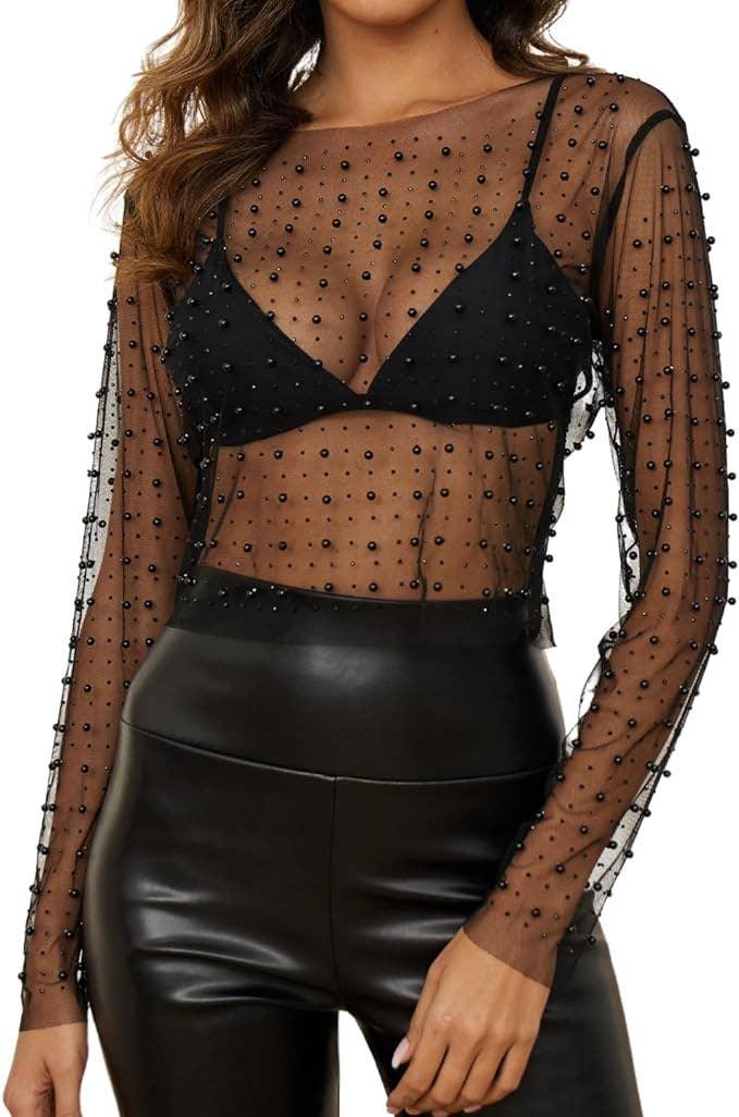 Shining pearl embellished see through sheer mesh tee top - Southern Sassy Boutique