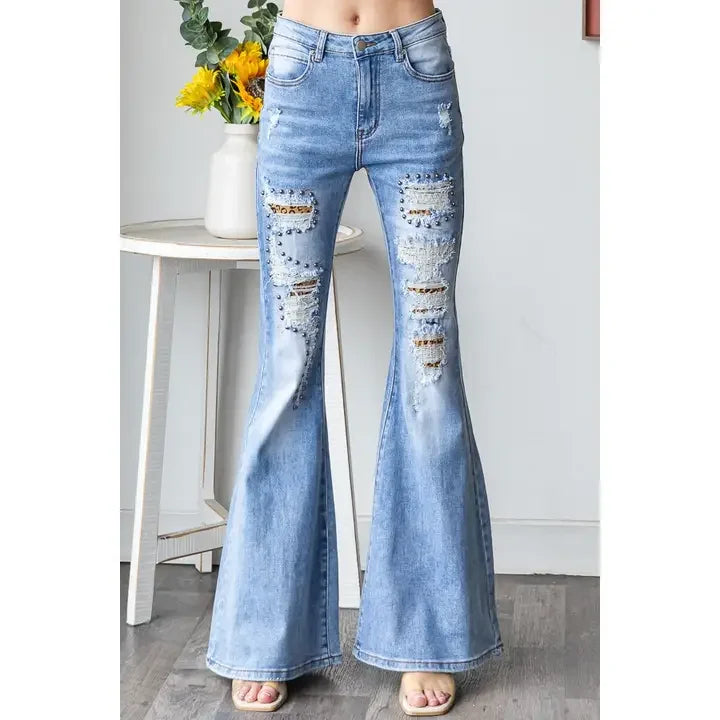 Stretchy Flare Studded Denim - Southern Sassy Boutique