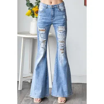 Stretchy Flare Studded Denim - Southern Sassy Boutique