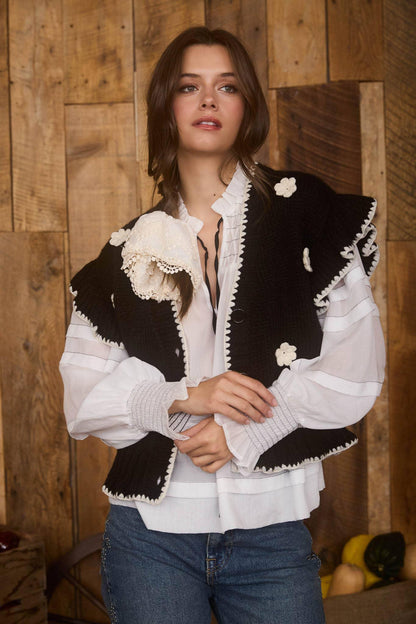 CROCHET FLORAL DETAIL RUFFLED KNIT CARDIGAN - Southern Sassy Boutique