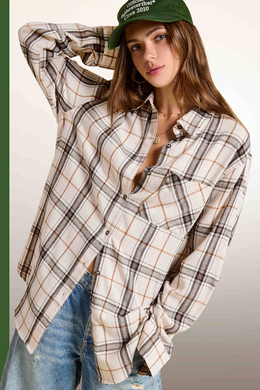 Loose Fit Button-Down Soft Fabric Plaid Shirts