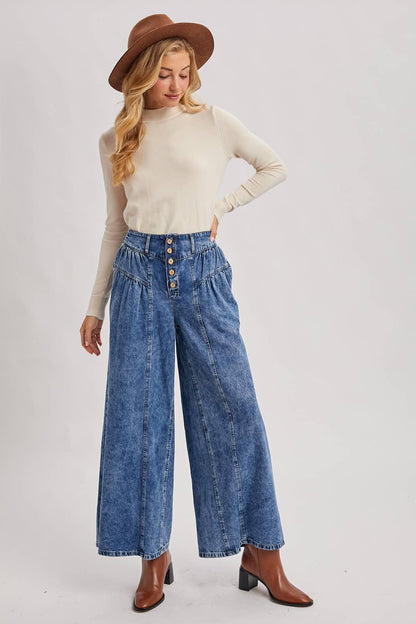 DENIM PLEATED RETRO HIGH-RISE WIDE LEG JEANS - Southern Sassy Boutique