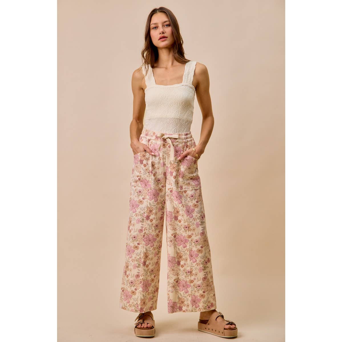 Floral Print Twill Wide Leg Pants