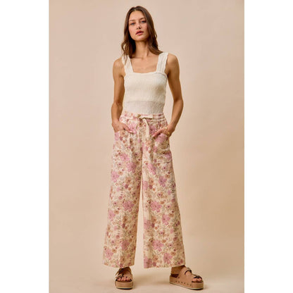 Floral Print Twill Wide Leg Pants