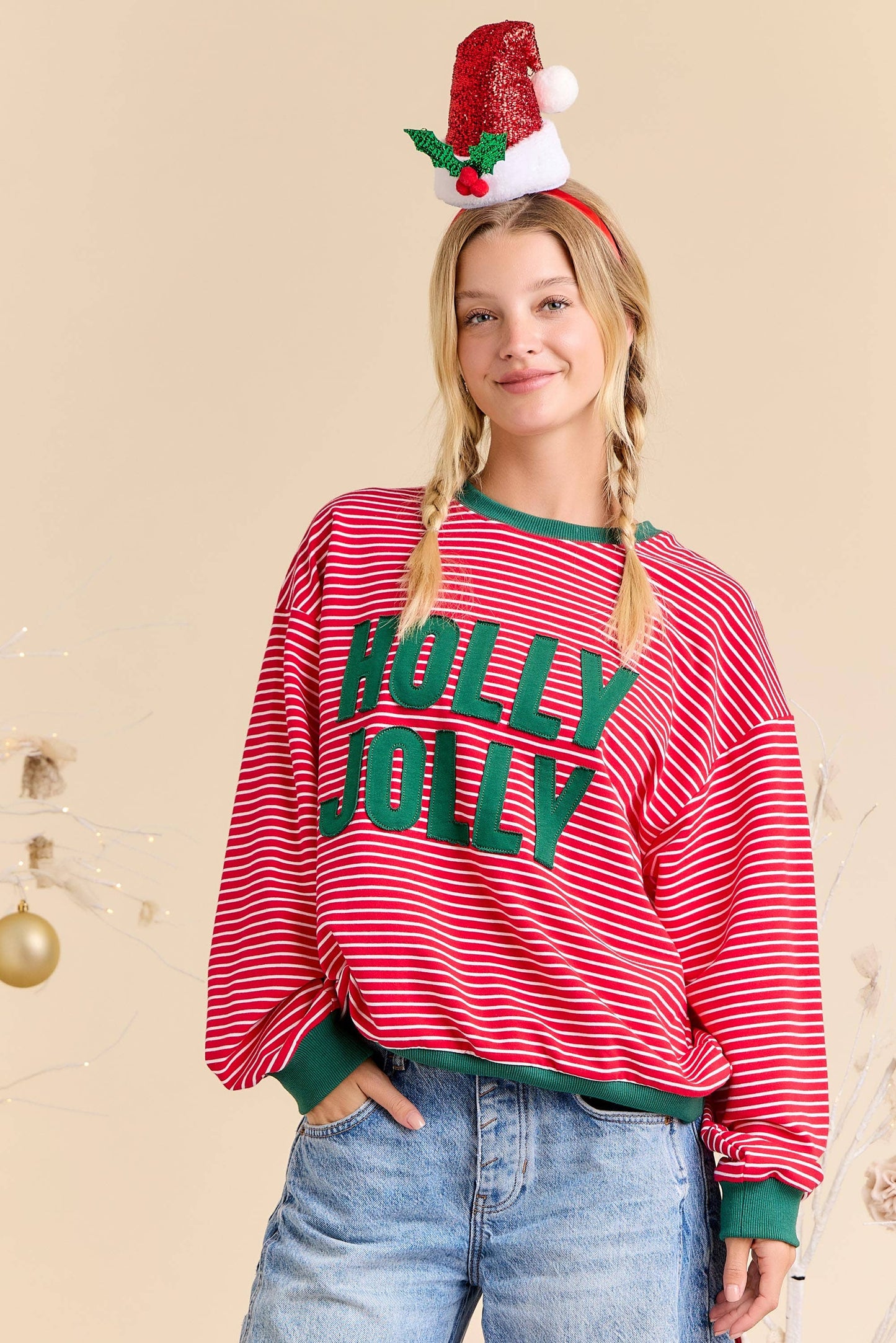 Holly Jolly Patchwork Over Stripe Pullover
