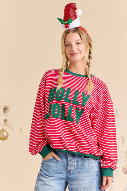 Holly Jolly Patchwork Over Stripe Pullover