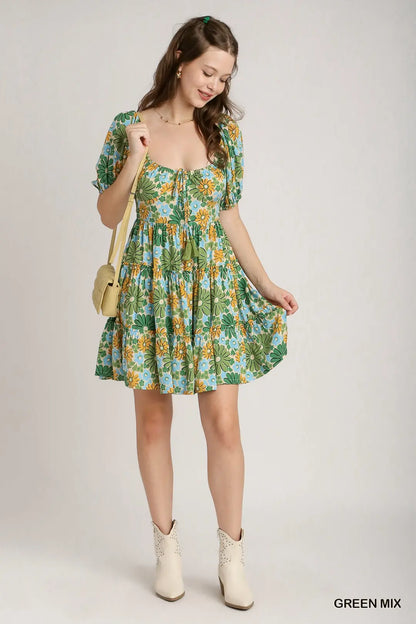 Floral Print Front Tie Mini Dress