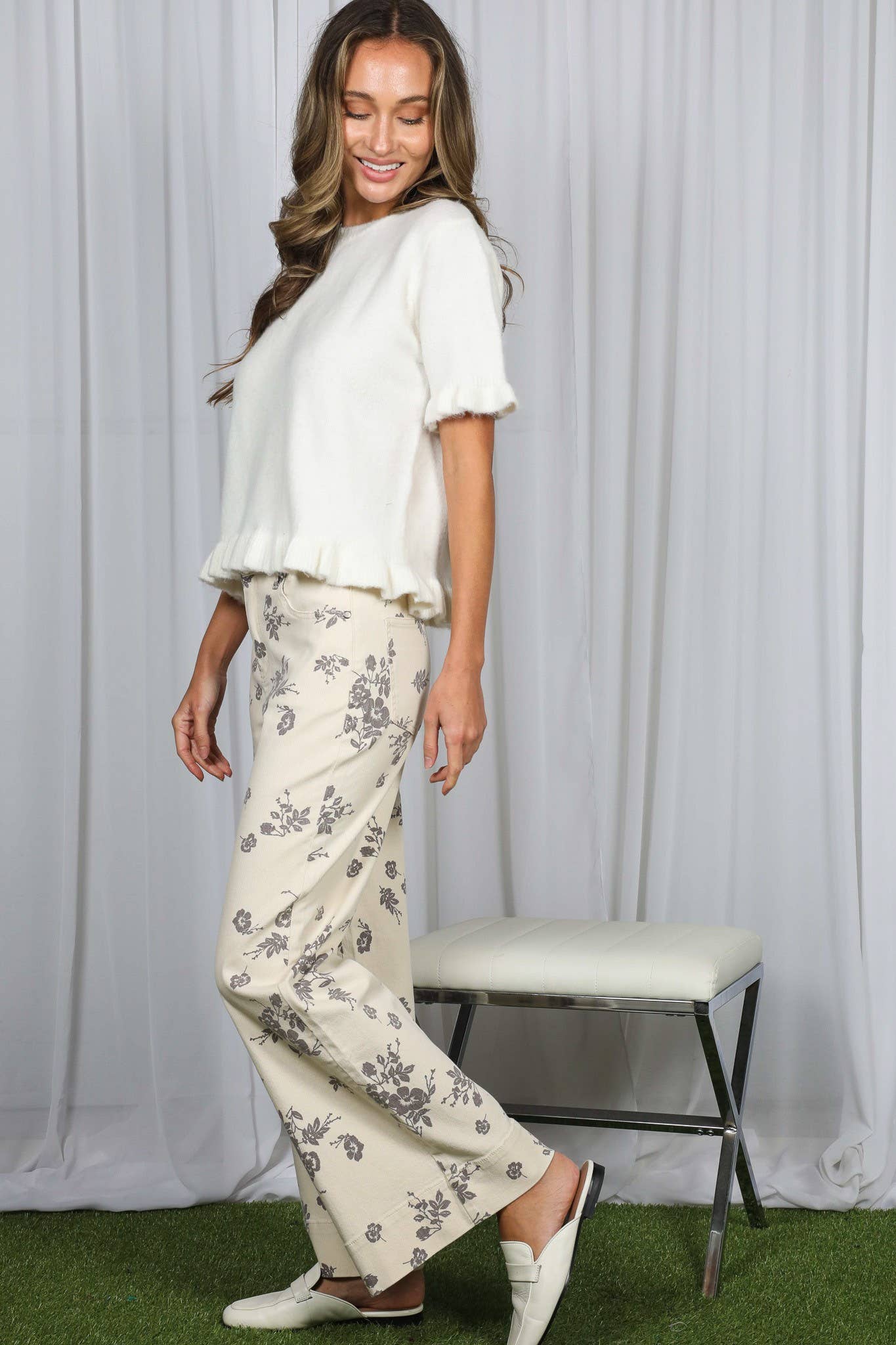 Floral Print Straight Leg Cotton Denim Span Pants