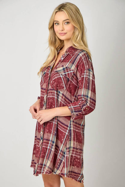 Washed Plaid Shirt Dress - Southern Sassy Boutique