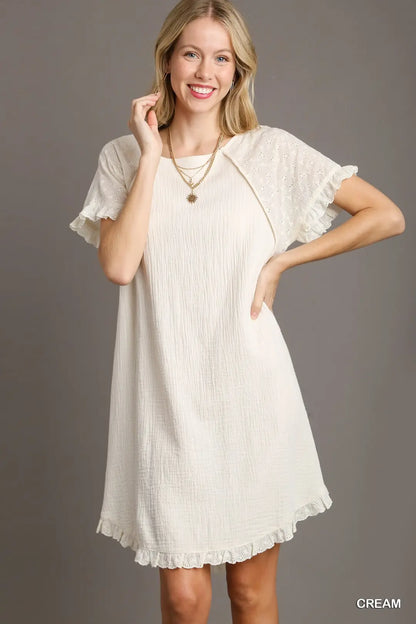 Gauze Short Dress with Eyelet Sleeves