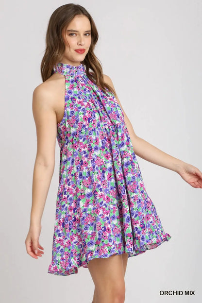 Halter Neck Floral Print Mini Dress
