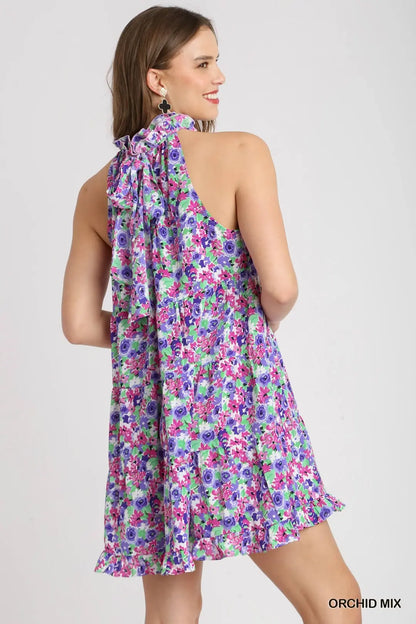 Halter Neck Floral Print Mini Dress