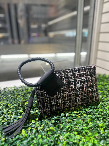 Tweed Cuff Handle Tassel Wristlet/Clutch