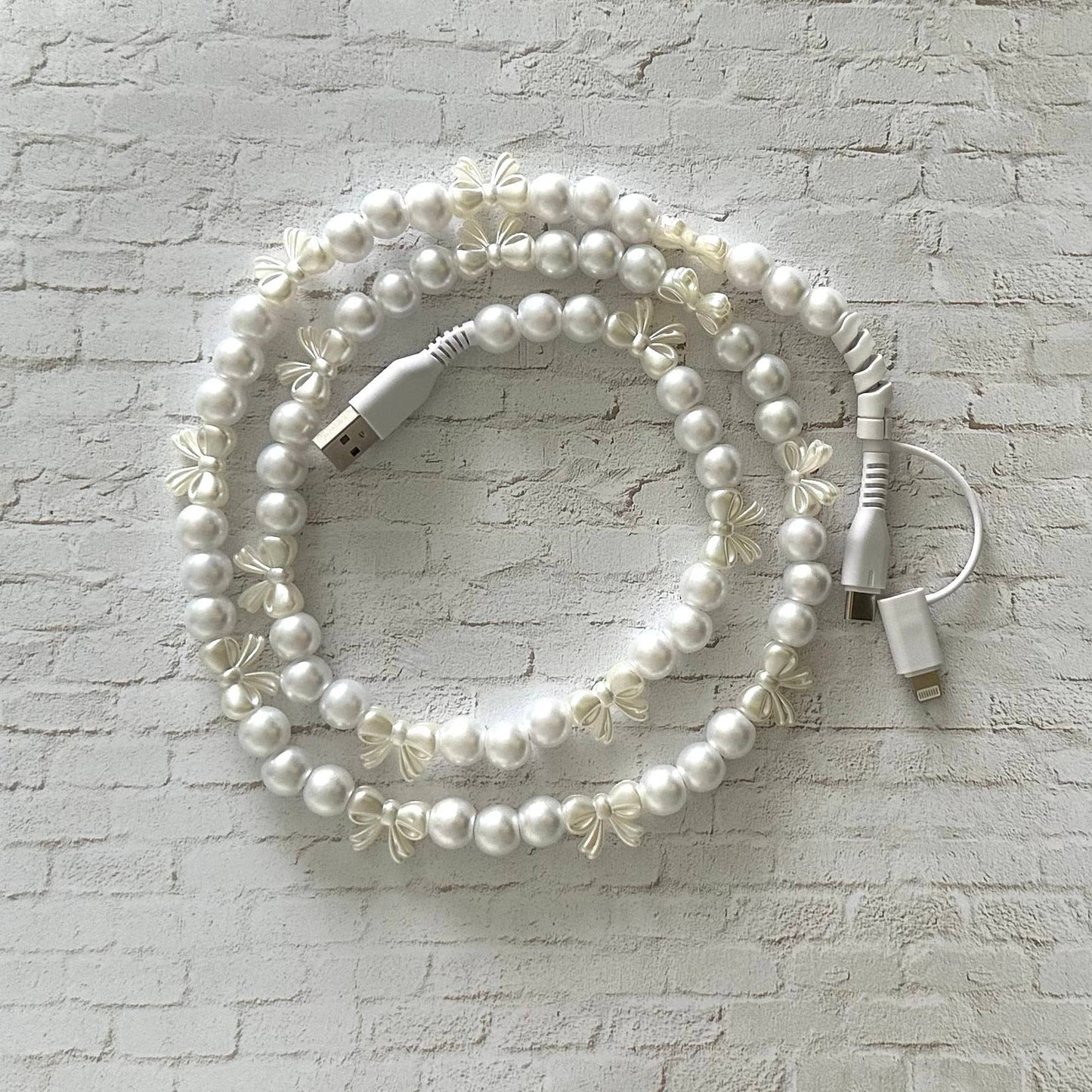 Beaded Phone Charging Cable 2 in 1 USB-C Cord Pearl Bow