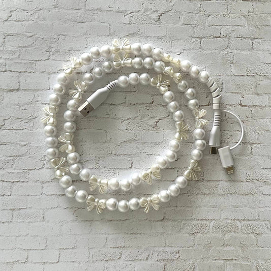 Beaded Phone Charging Cable 2 in 1 USB-C Cord Pearl Bow