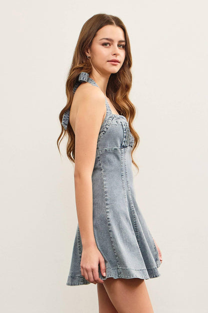 TIED HALTER NECK FLARE DENIM DRESS - Southern Sassy Boutique