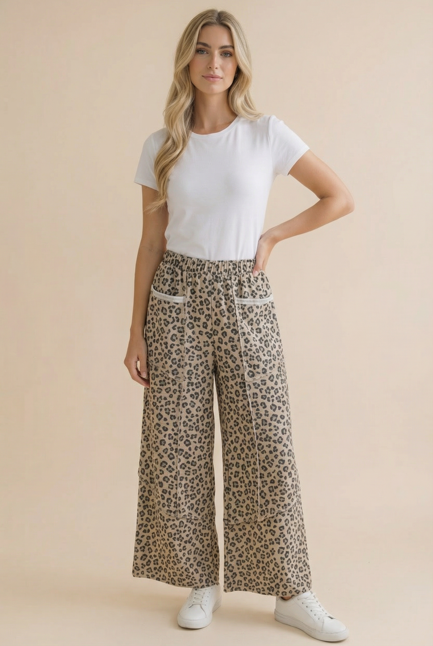 Curvy Leopard French Terry Wide Leg Pocket Pants