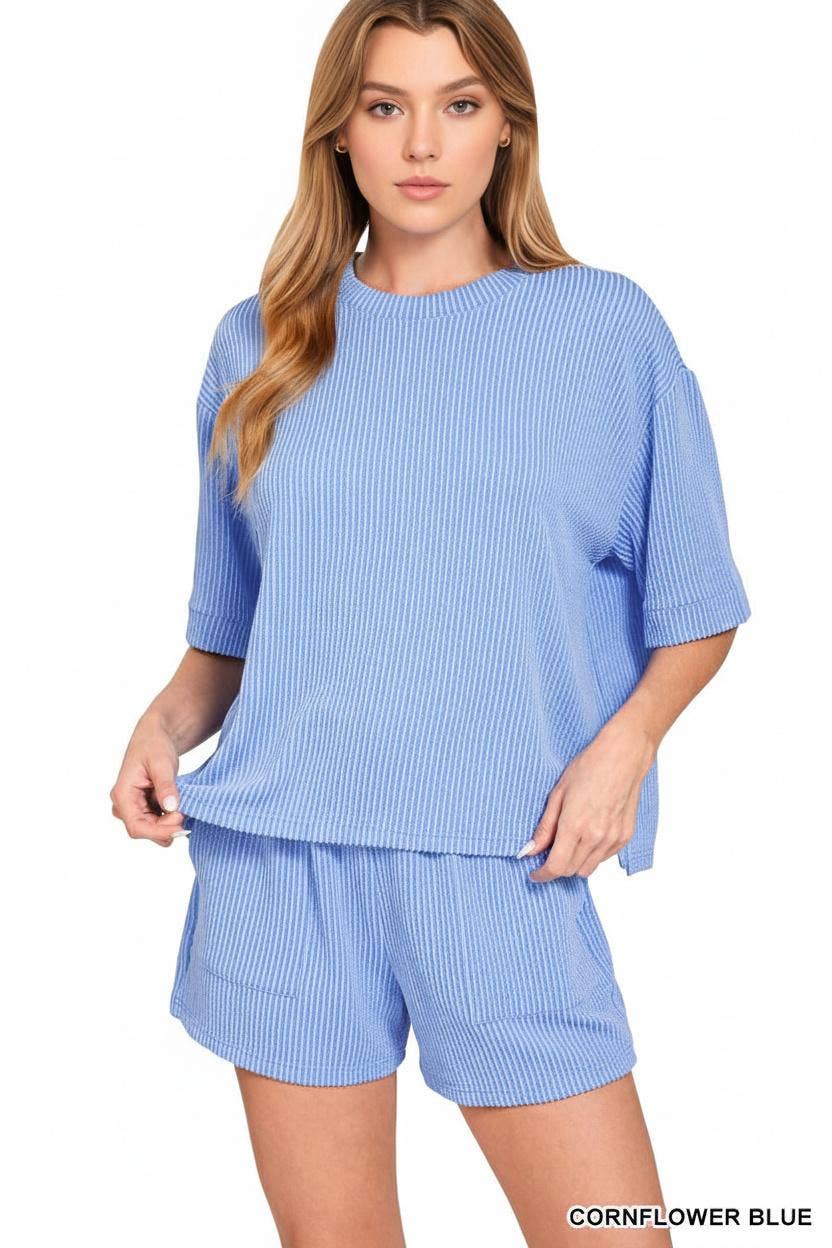 Ribbed Half Sleeve Tee & Short Pants 2PC Set