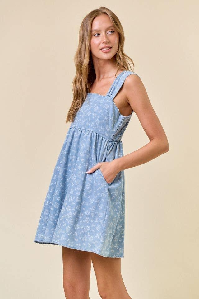 Floral Chambray Denim Mini Dress - Southern Sassy Boutique